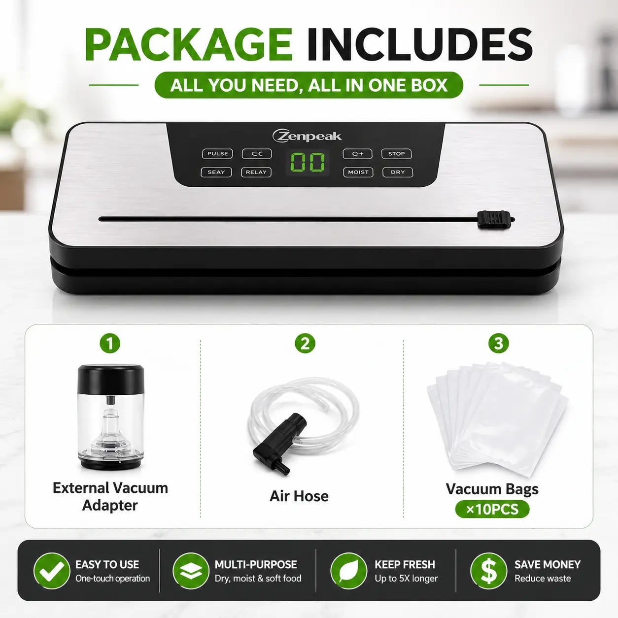 Zenpeak Vacuum Sealer Machine with External Vacuum, Removable Drip Tray, Dry & Moist Modes, Pulse Control, Adjustable Temperature, 6Mm Wider Seal, Built-In Bag Cutter for Food Storage, Meal Prep, Sous Vide, Summervibes Tiktokshopspringglowup,