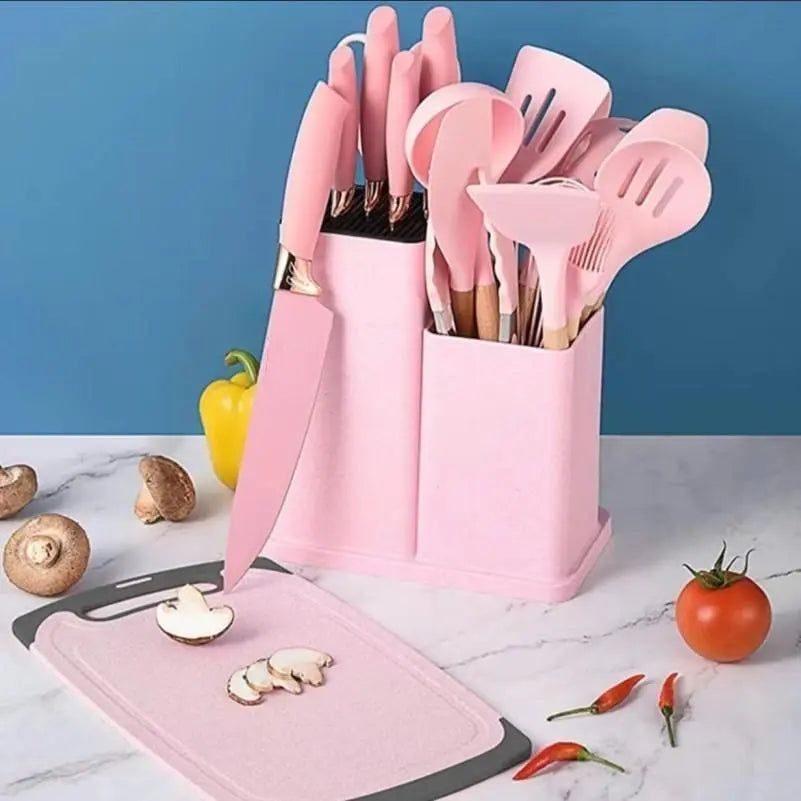 Summer Turn-Up19Pcs Kitchen Knife Set with Heatresistant Silicone Cutlery&Wooden Handles Includes Chef Knife, Non-Stick Compatible Tools, Pots Pans Set Valentine'S Day and More Cookware Non Stick Pots and Pans Kitchenware Nonstick Ladle Stylish White Pink