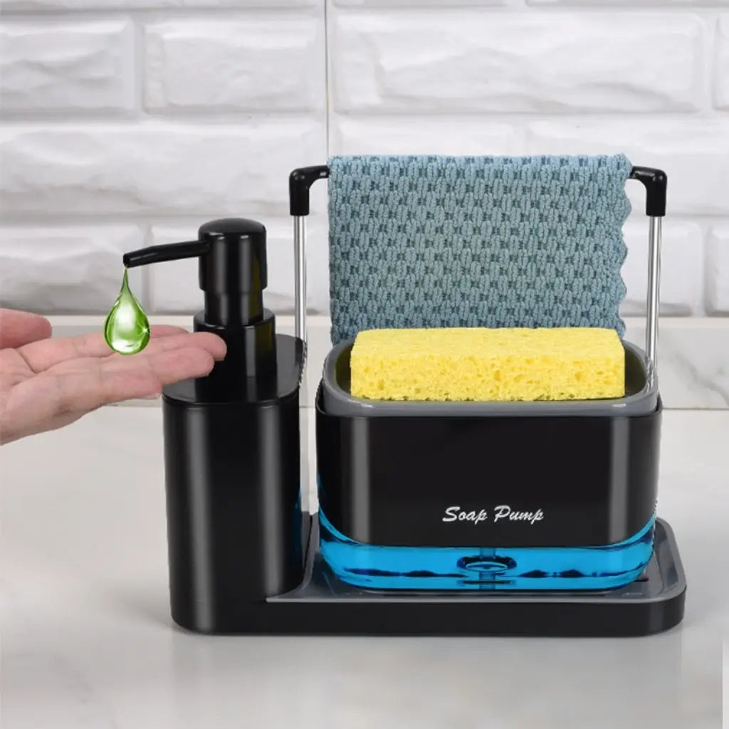 Kitchen Soap Dispenser Set with Tray and Sponge Holder, Dish and Hand Soap Dispenser with Dishcloth Holder 4-In-1 Kitchen Sink Countertop Storage Organizer, Practical Kitchen Gadgets - Black
