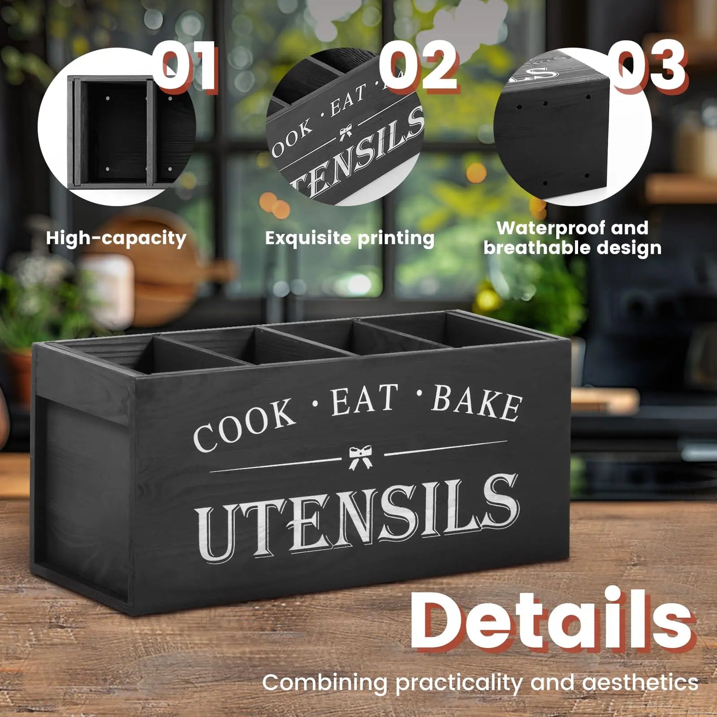 Kitchen Utensil Storage Box, 1 Count Wooden Cooking Utensils Holder, Kitchen Utensil Organizer, Kitchen Accessories, Home Organizer for Kitchen, Kitchen Gadgets Organizer