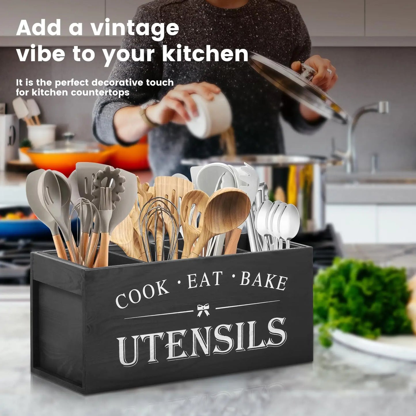 Kitchen Utensil Storage Box, 1 Count Wooden Cooking Utensils Holder, Kitchen Utensil Organizer, Kitchen Accessories, Home Organizer for Kitchen, Kitchen Gadgets Organizer