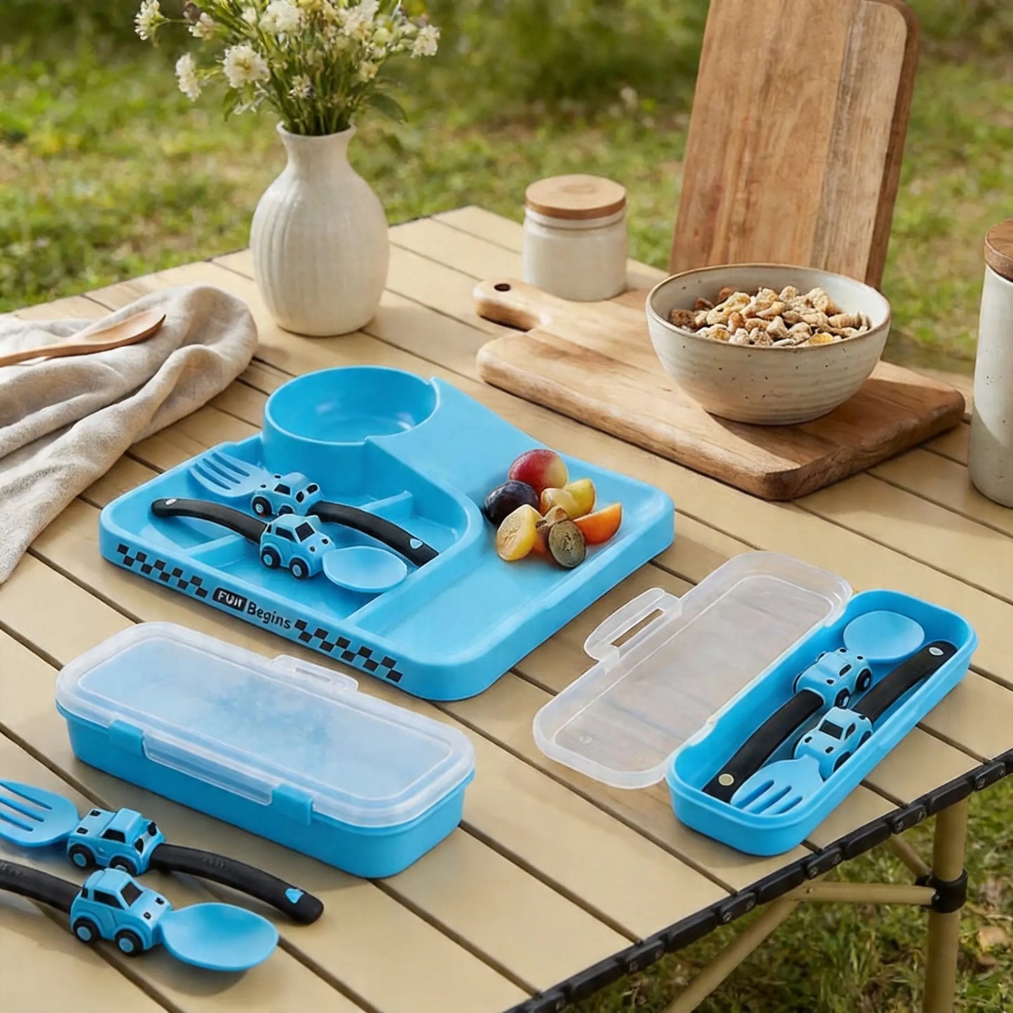 3-Piece Race Car Themed Kids Dinnerware Set - Divided Plate with Bowl and Easy-Grip Fork Spoon for Fun Mealtime