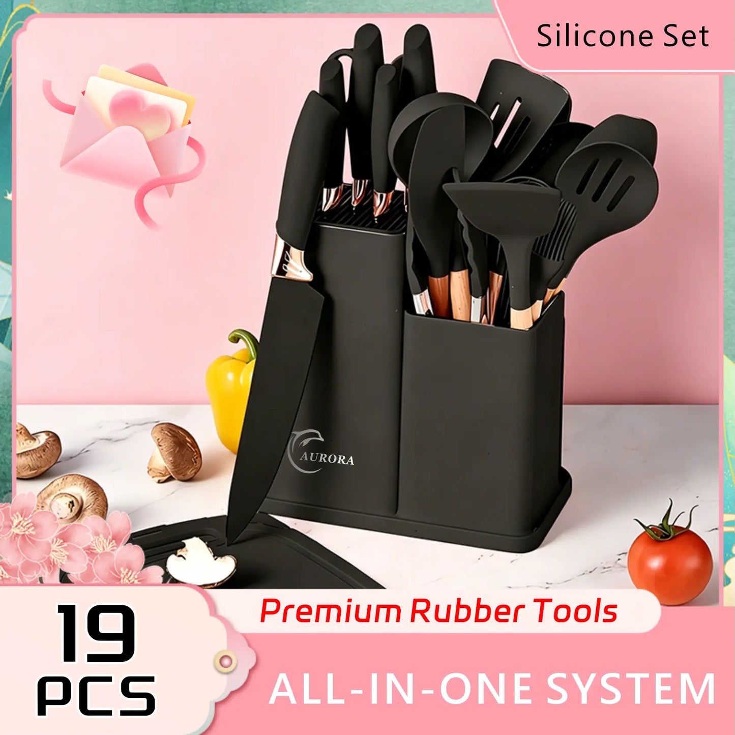 Summer Turn-Up19Pcs Kitchen Knife Set with Heatresistant Silicone Cutlery&Wooden Handles Includes Chef Knife, Non-Stick Compatible Tools, Pots Pans Set Valentine'S Day and More Cookware Non Stick Pots and Pans Kitchenware Nonstick Ladle Stylish White Pink