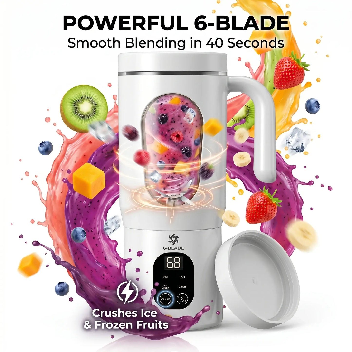 580ML Portable Juicer with LED Display USB Rechargeable Handheld Juice Blender 22000 RPM Self-Cleaning Bpa-Free for Smoothies and Juices with Ice Crush Function