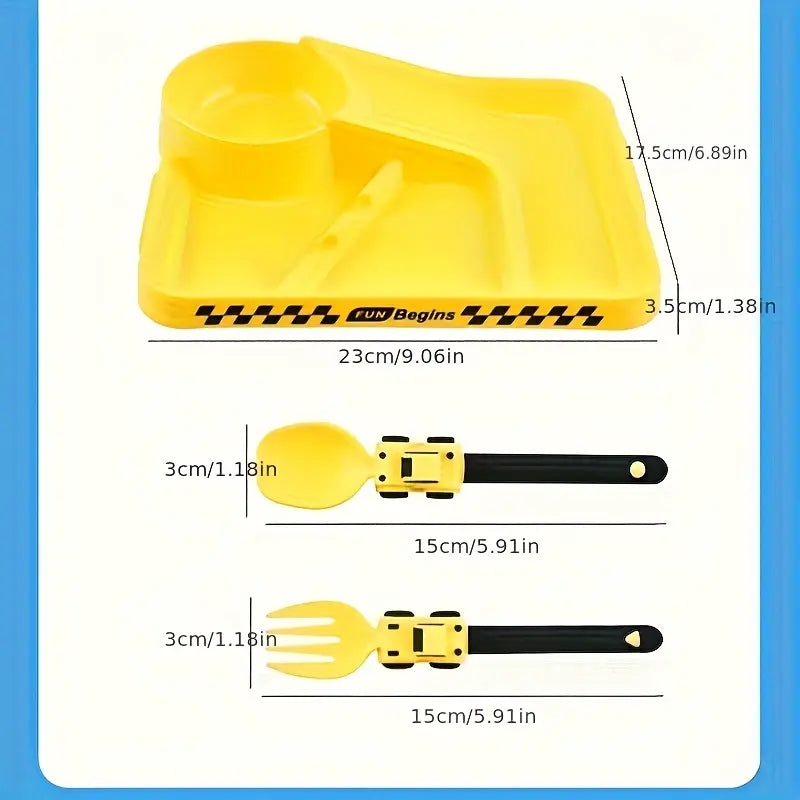 3-Piece Race Car Themed Kids Dinnerware Set - Divided Plate with Bowl and Easy-Grip Fork Spoon for Fun Mealtime