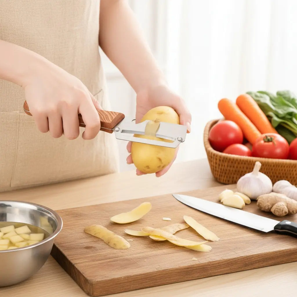 Premium-Grade Fruit & Vegetable Peeler| Sharp Stainless Steel Blade, Ergonomic Wooden Handle + Built-In Bottle Opener – Ideal for Daily Kitchen Use (Potatoes, Apples, Pumpkins & More)