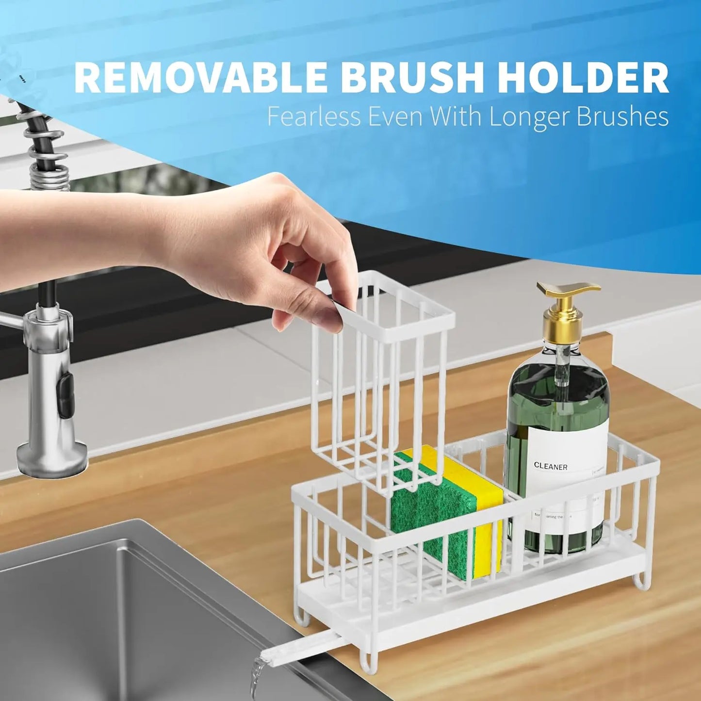 Kitchen Sink Storage Rack, 1 Count Kitchen Sponge Holder with Detachable Brush Holder, Multifunctional Kitchen Storage Rack for Home, Dish Drying Organiser
