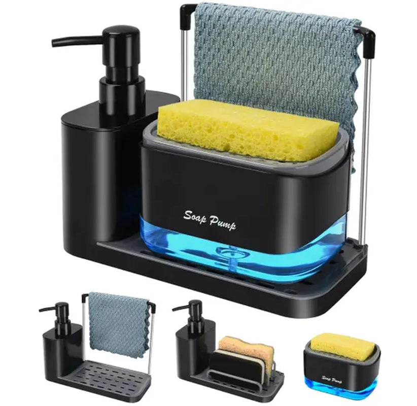Kitchen Soap Dispenser Set with Tray and Sponge Holder, Dish and Hand Soap Dispenser with Dishcloth Holder 4-In-1 Kitchen Sink Countertop Storage Organizer, Practical Kitchen Gadgets - Black