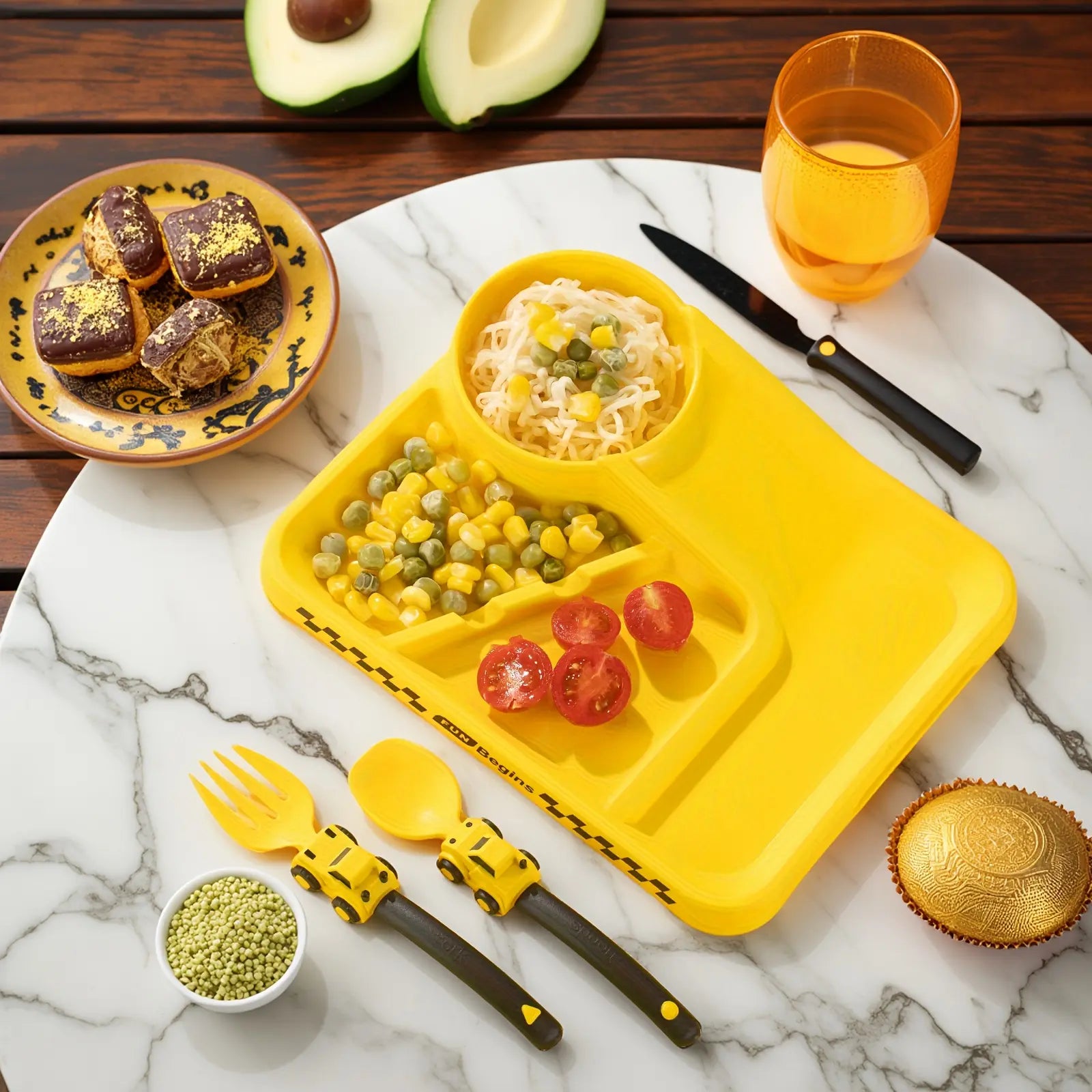 3-Piece Race Car Themed Kids Dinnerware Set - Divided Plate with Bowl and Easy-Grip Fork Spoon for Fun Mealtime