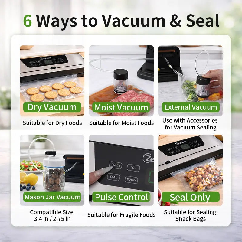 Zenpeak Vacuum Sealer Machine with External Vacuum, Removable Drip Tray, Dry & Moist Modes, Pulse Control, Adjustable Temperature, 6Mm Wider Seal, Built-In Bag Cutter for Food Storage, Meal Prep, Sous Vide, Summervibes Tiktokshopspringglowup,