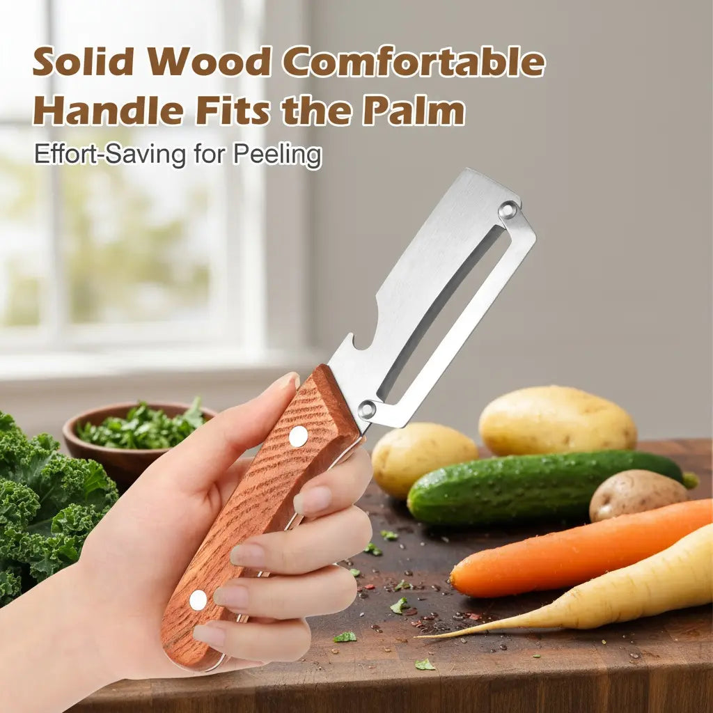 Premium-Grade Fruit & Vegetable Peeler| Sharp Stainless Steel Blade, Ergonomic Wooden Handle + Built-In Bottle Opener – Ideal for Daily Kitchen Use (Potatoes, Apples, Pumpkins & More)