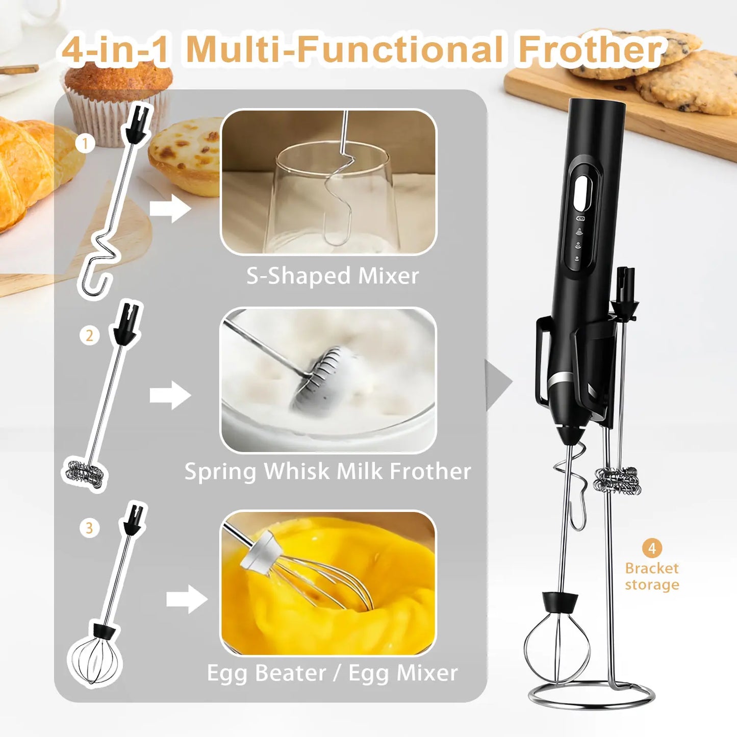 2026 Upgraded Rechargeable Milk Frother – Handheld Electric Coffee Mixer with 3 Whisks, 3 Speed Settings & Storage Stand | Versatile Drink Mixer for Juices, Prebiotic Powders, Lattes, Cappuccinos,Coffee Mixer, Matcha & Eggs (Black)– Christmas Gift