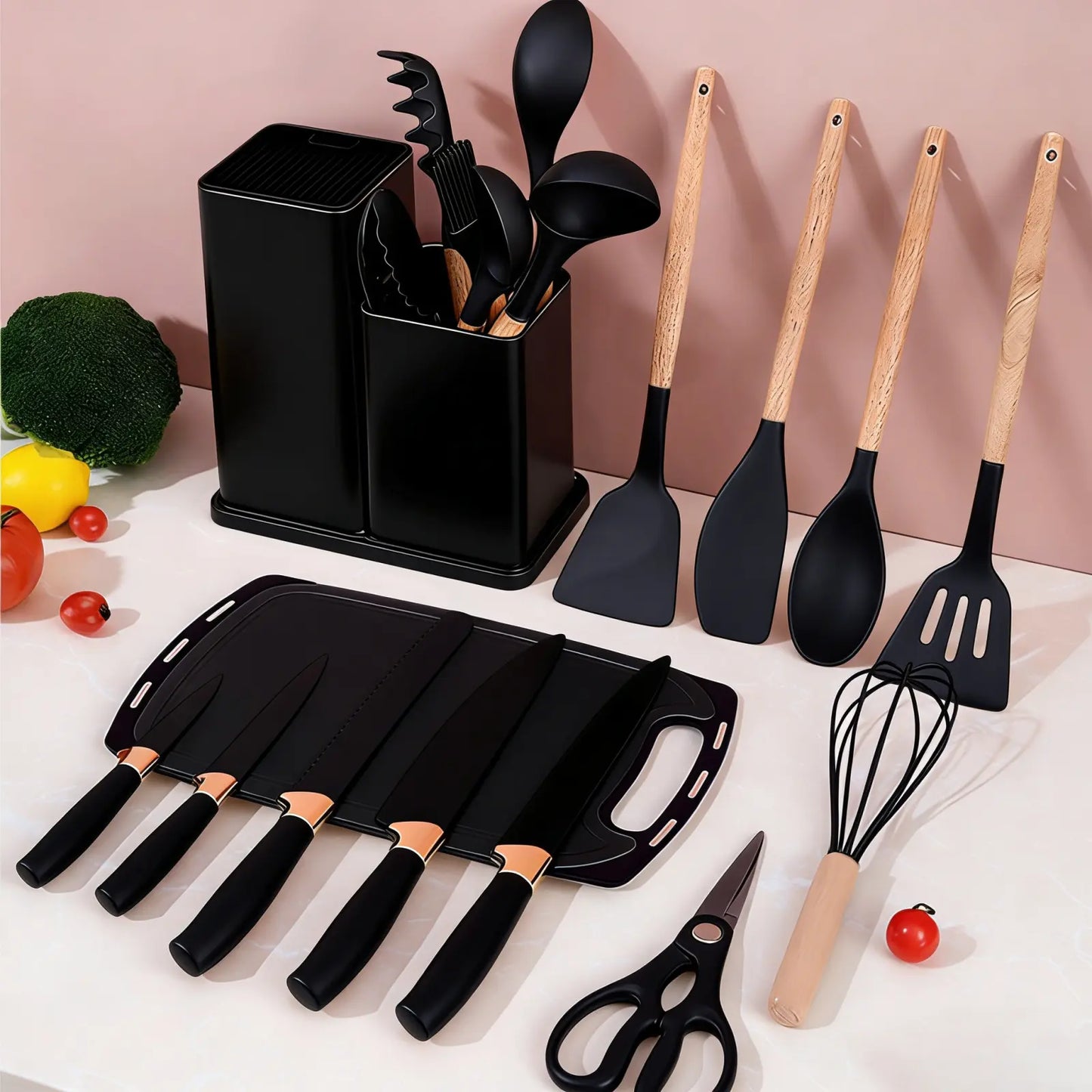 Summer Turn-Up19Pcs Kitchen Knife Set with Heatresistant Silicone Cutlery&Wooden Handles Includes Chef Knife, Non-Stick Compatible Tools, Pots Pans Set Valentine'S Day and More Cookware Non Stick Pots and Pans Kitchenware Nonstick Ladle Stylish White Pink