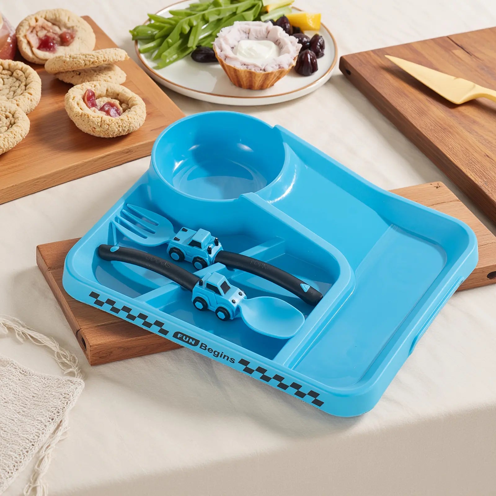 3-Piece Race Car Themed Kids Dinnerware Set - Divided Plate with Bowl and Easy-Grip Fork Spoon for Fun Mealtime