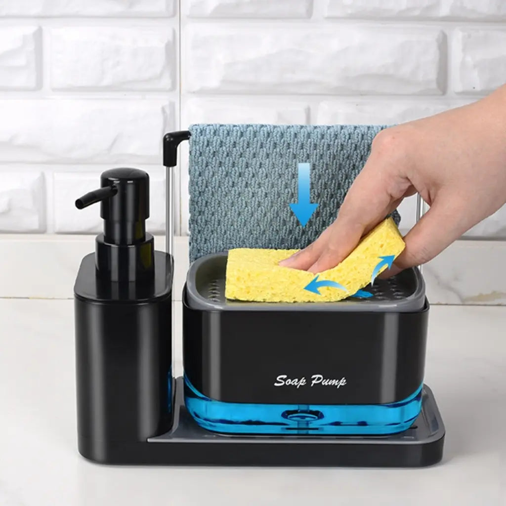 Kitchen Soap Dispenser Set with Tray and Sponge Holder, Dish and Hand Soap Dispenser with Dishcloth Holder 4-In-1 Kitchen Sink Countertop Storage Organizer, Practical Kitchen Gadgets - Black