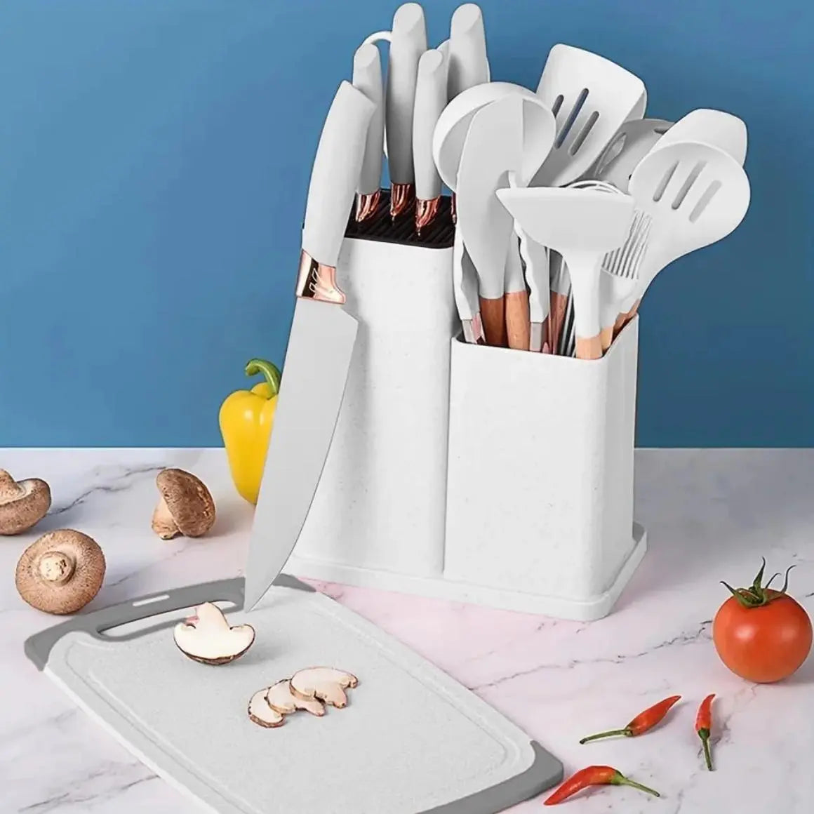 Summer Turn-Up19Pcs Kitchen Knife Set with Heatresistant Silicone Cutlery&Wooden Handles Includes Chef Knife, Non-Stick Compatible Tools, Pots Pans Set Valentine'S Day and More Cookware Non Stick Pots and Pans Kitchenware Nonstick Ladle Stylish White Pink