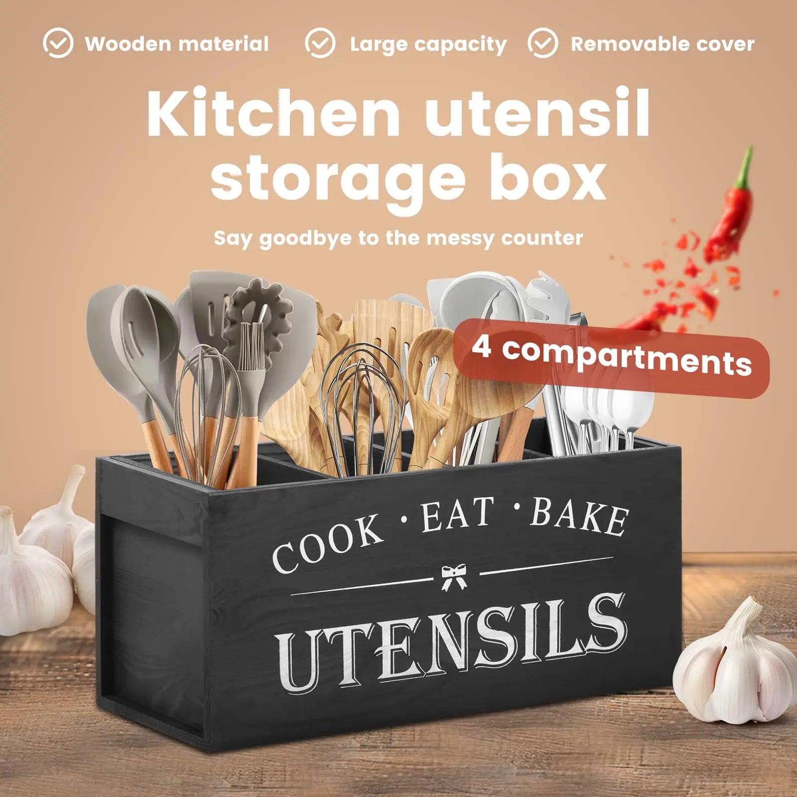 Kitchen Utensil Storage Box, 1 Count Wooden Cooking Utensils Holder, Kitchen Utensil Organizer, Kitchen Accessories, Home Organizer for Kitchen, Kitchen Gadgets Organizer