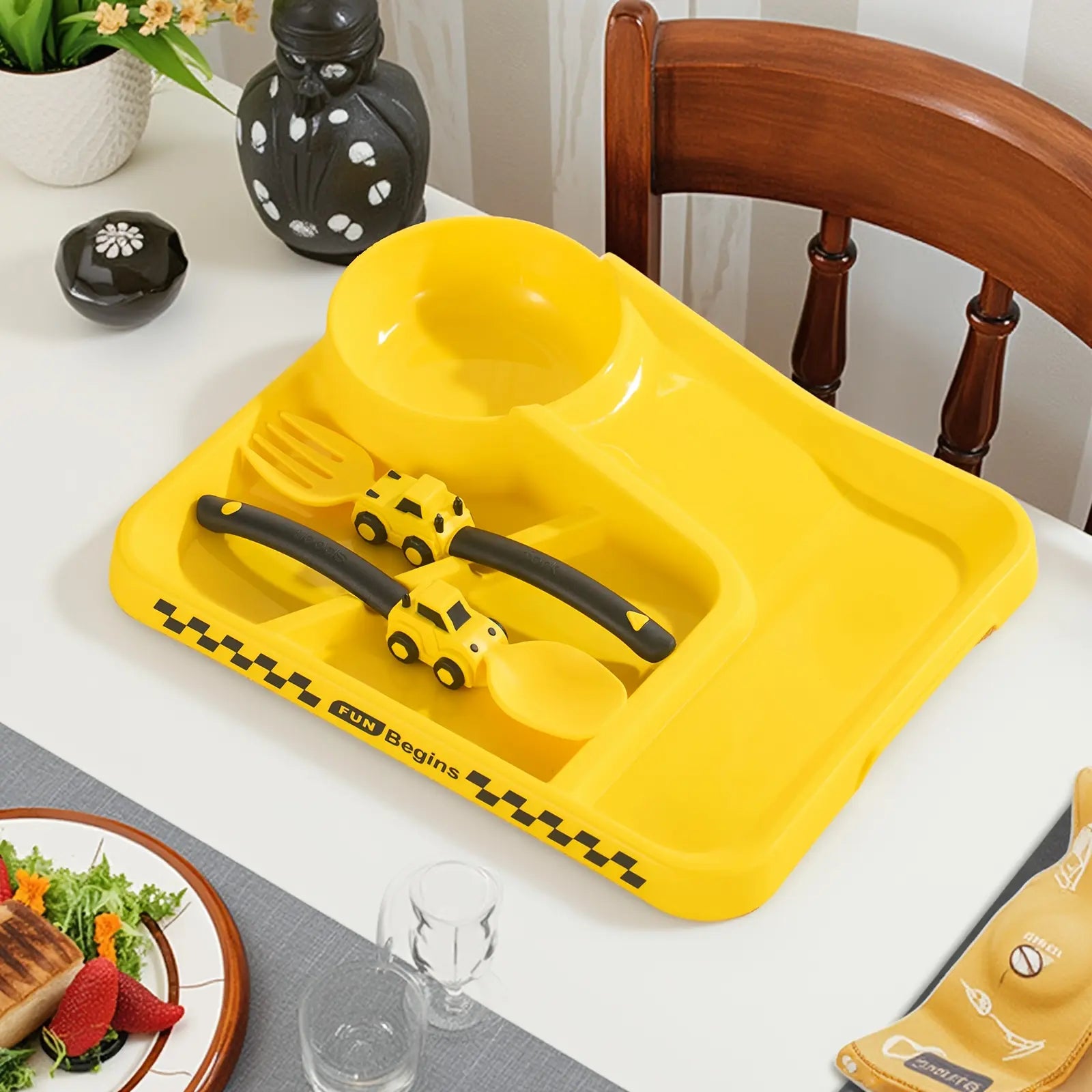 3-Piece Race Car Themed Kids Dinnerware Set - Divided Plate with Bowl and Easy-Grip Fork Spoon for Fun Mealtime