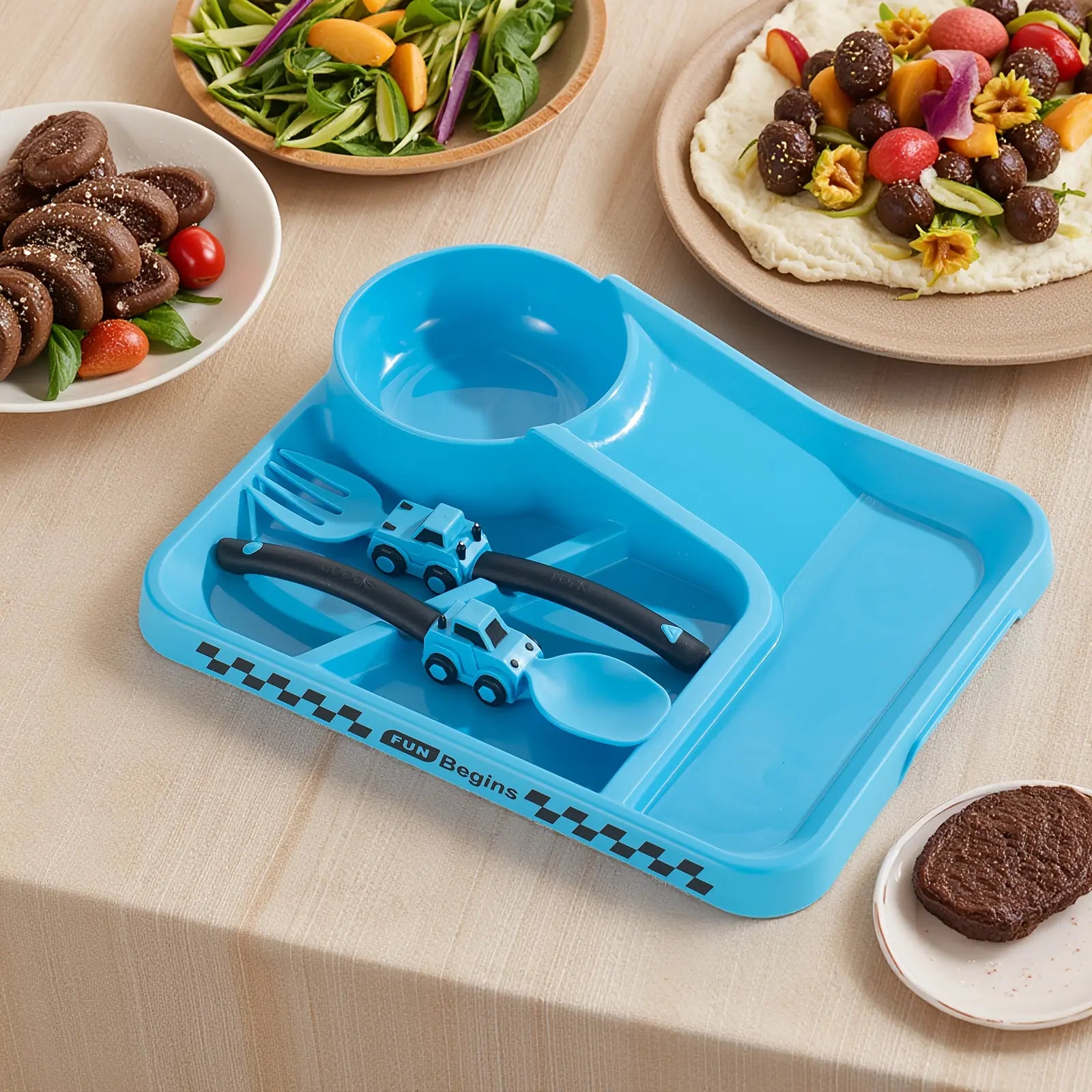 3-Piece Race Car Themed Kids Dinnerware Set - Divided Plate with Bowl and Easy-Grip Fork Spoon for Fun Mealtime
