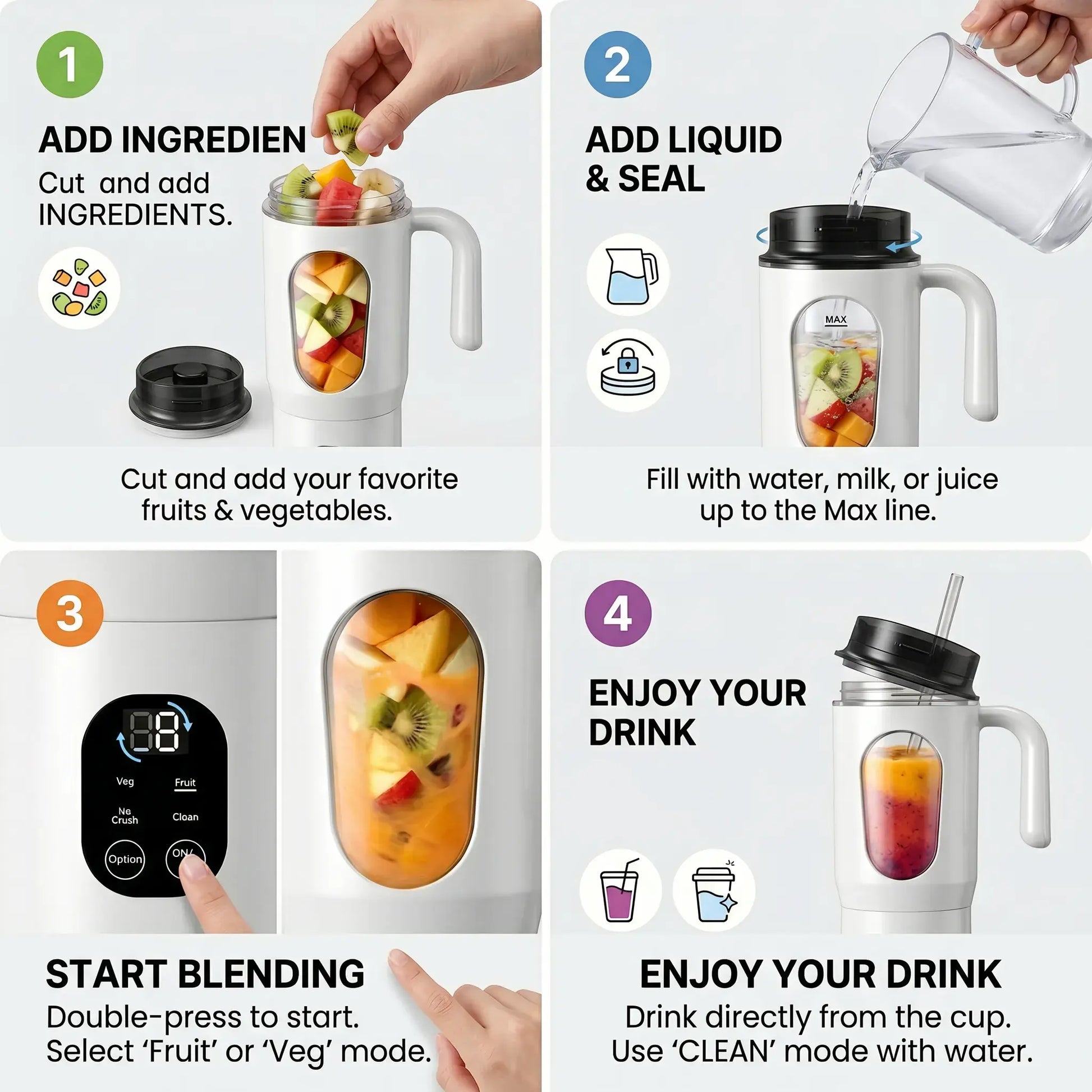 580ML Portable Juicer with LED Display USB Rechargeable Handheld Juice Blender 22000 RPM Self-Cleaning Bpa-Free for Smoothies and Juices with Ice Crush Function