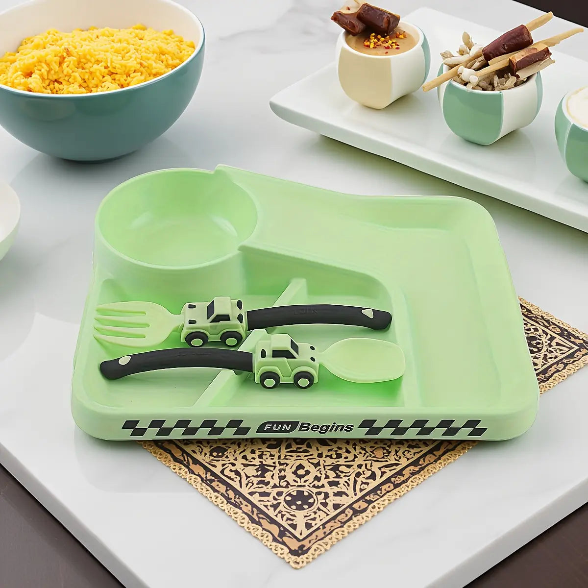3-Piece Race Car Themed Kids Dinnerware Set - Divided Plate with Bowl and Easy-Grip Fork Spoon for Fun Mealtime