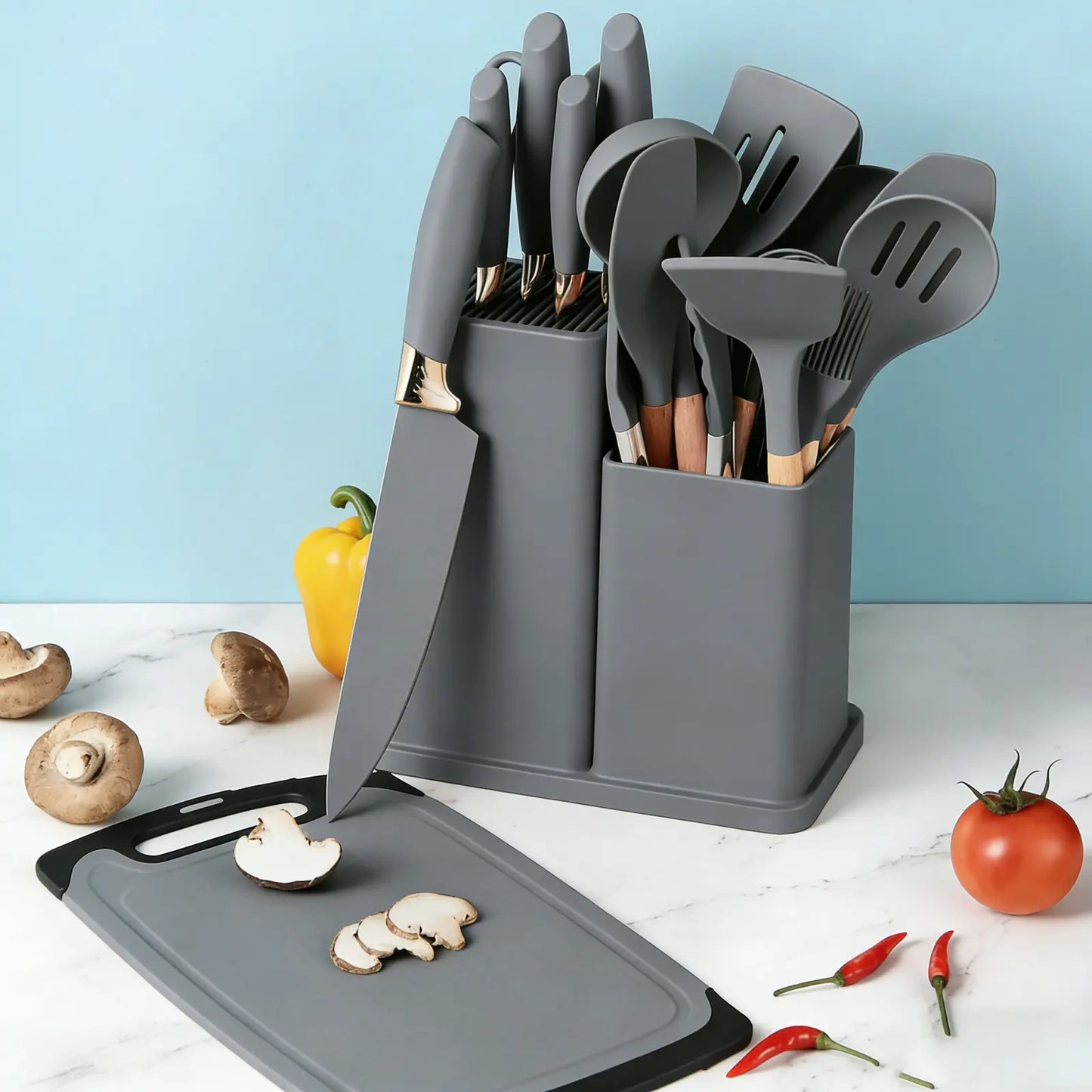 Summer Turn-Up19Pcs Kitchen Knife Set with Heatresistant Silicone Cutlery&Wooden Handles Includes Chef Knife, Non-Stick Compatible Tools, Pots Pans Set Valentine'S Day and More Cookware Non Stick Pots and Pans Kitchenware Nonstick Ladle Stylish White Pink