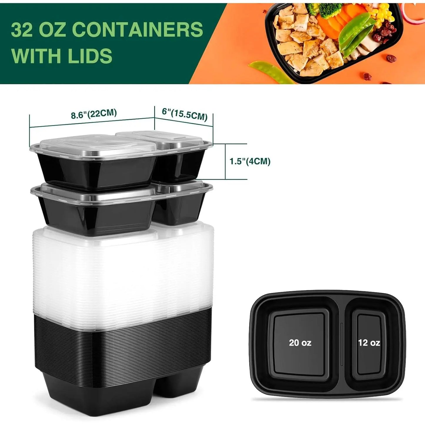 10 Pack 32OZ Meal Prep Containers Microwave Safe, &Thick Storage Containers with , Durable Bento Boxes , Stackable, Dishwasher/Freezer Safe