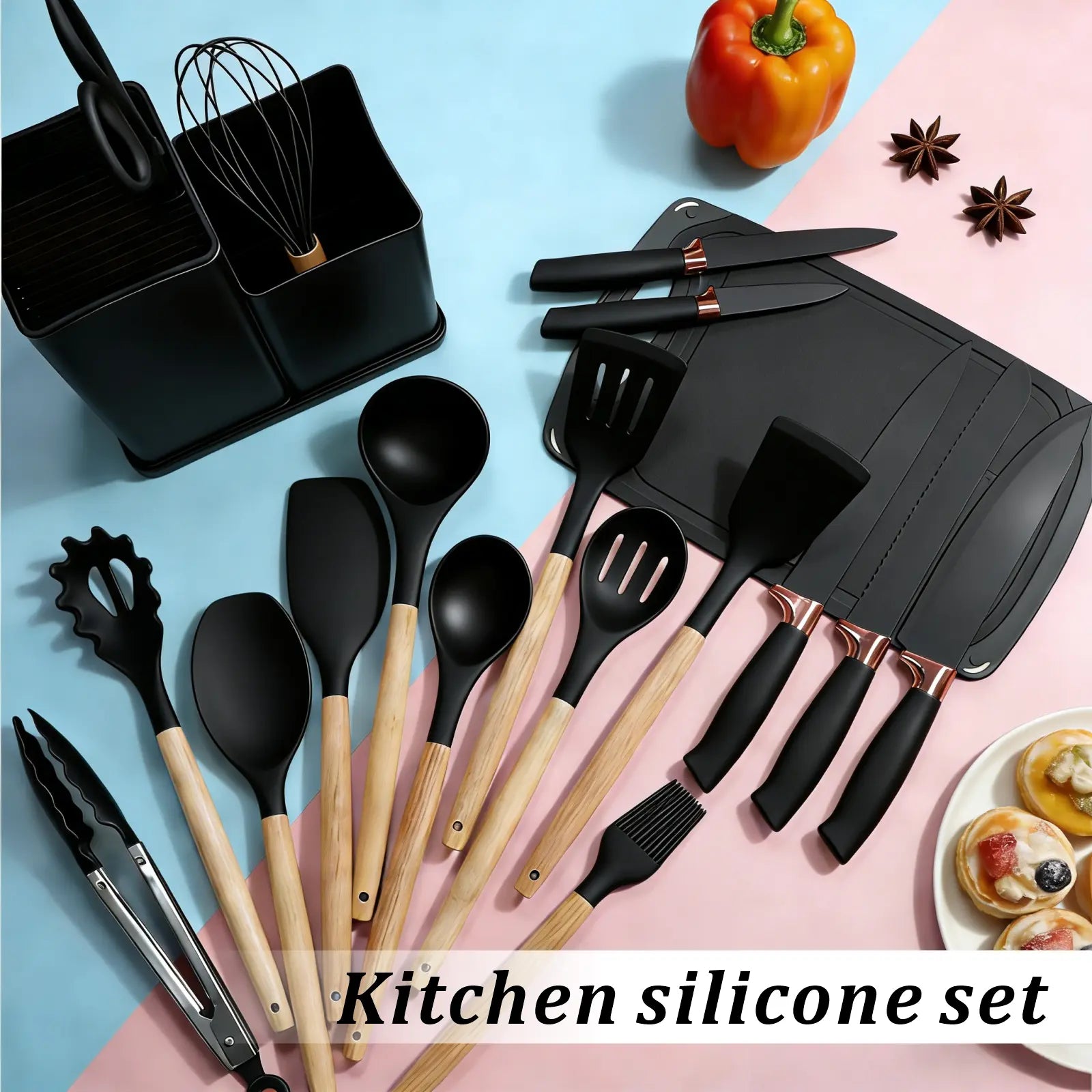 Summer Turn-Up19Pcs Kitchen Knife Set with Heatresistant Silicone Cutlery&Wooden Handles Includes Chef Knife, Non-Stick Compatible Tools, Pots Pans Set Valentine'S Day and More Cookware Non Stick Pots and Pans Kitchenware Nonstick Ladle Stylish White Pink