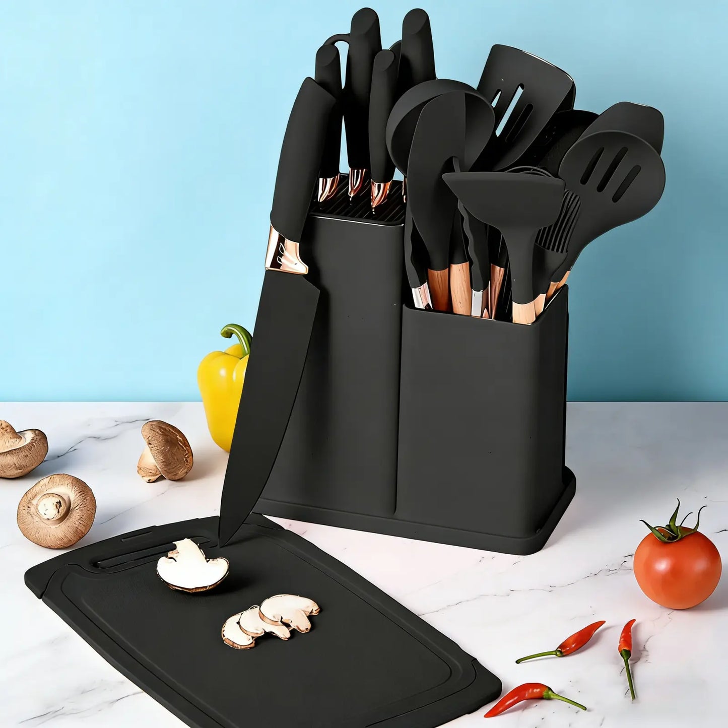 Summer Turn-Up19Pcs Kitchen Knife Set with Heatresistant Silicone Cutlery&Wooden Handles Includes Chef Knife, Non-Stick Compatible Tools, Pots Pans Set Valentine'S Day and More Cookware Non Stick Pots and Pans Kitchenware Nonstick Ladle Stylish White Pink