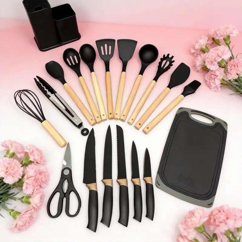 Summer Turn-Up19Pcs Kitchen Knife Set with Heatresistant Silicone Cutlery&Wooden Handles Includes Chef Knife, Non-Stick Compatible Tools, Pots Pans Set Valentine'S Day and More Cookware Non Stick Pots and Pans Kitchenware Nonstick Ladle Stylish White Pink