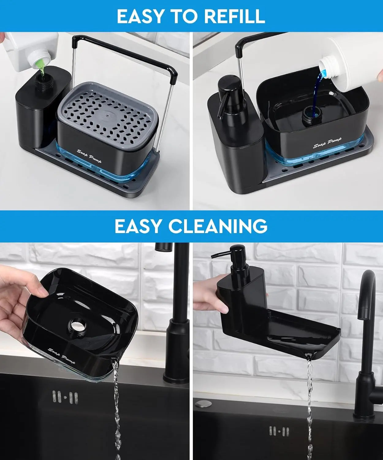 Kitchen Soap Dispenser Set with Tray and Sponge Holder, Dish and Hand Soap Dispenser with Dishcloth Holder 4-In-1 Kitchen Sink Countertop Storage Organizer, Practical Kitchen Gadgets - Black