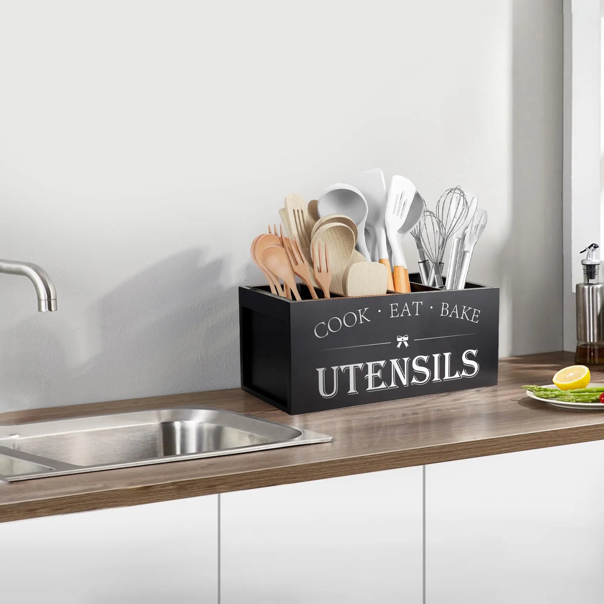 Kitchen Utensil Storage Box, 1 Count Wooden Cooking Utensils Holder, Kitchen Utensil Organizer, Kitchen Accessories, Home Organizer for Kitchen, Kitchen Gadgets Organizer