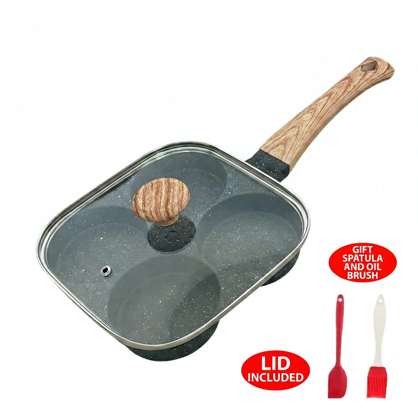 Non-Stick 4-In-1 Breakfast Pan for Frying Eggs, Hamburgers & Scrambled Eggs - Multi-Functional, Fast Heating, Durable, Easy Clean, Space-Saving, Eco-Friendly, with Silicone Strips & Tempered Glass Lid Cookware