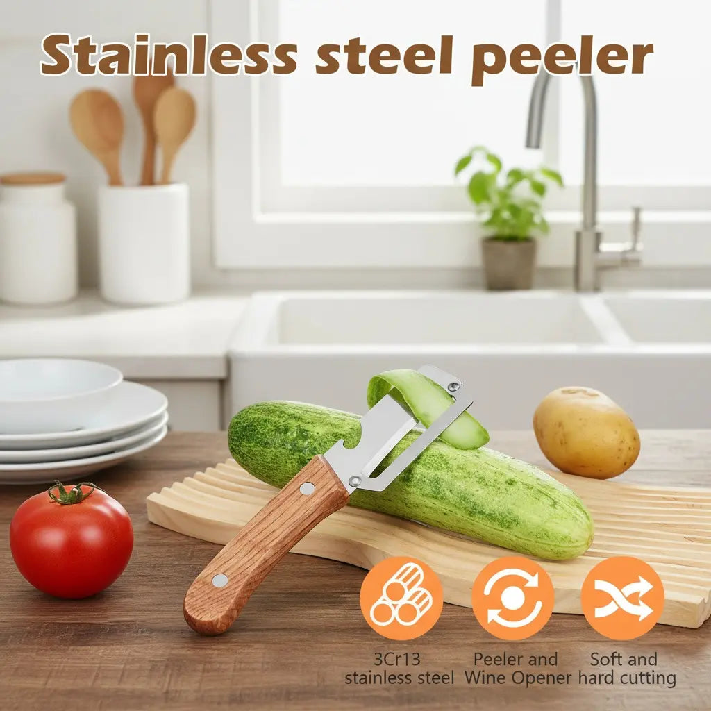 Premium-Grade Fruit & Vegetable Peeler| Sharp Stainless Steel Blade, Ergonomic Wooden Handle + Built-In Bottle Opener – Ideal for Daily Kitchen Use (Potatoes, Apples, Pumpkins & More)