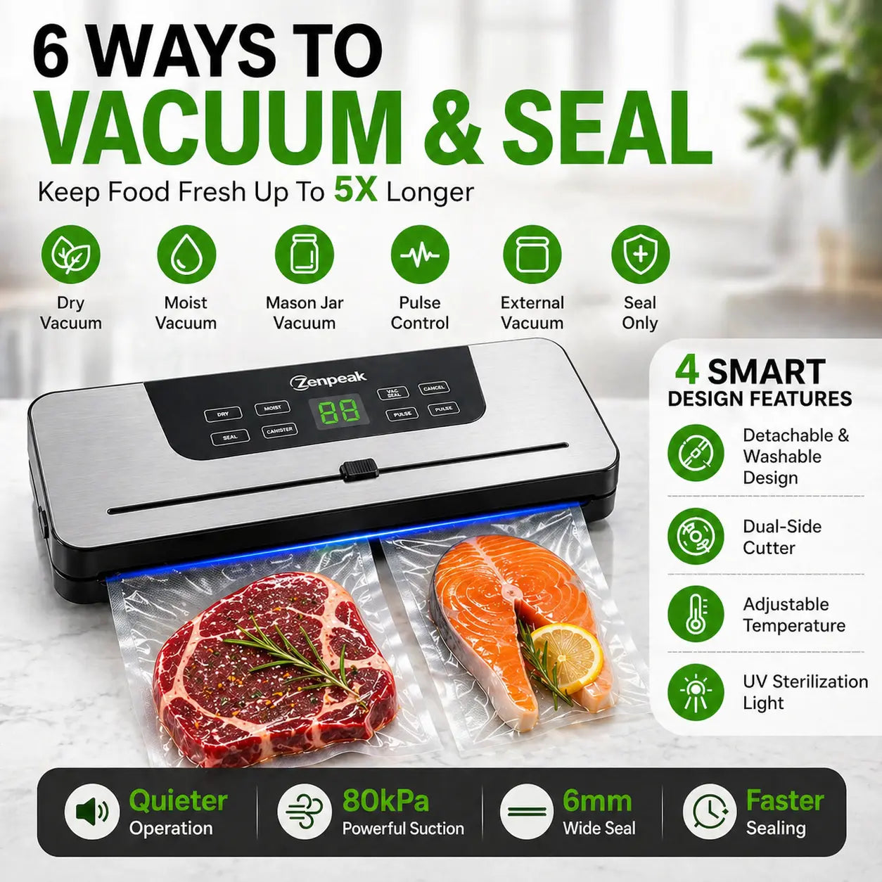 Zenpeak Vacuum Sealer Machine with External Vacuum, Removable Drip Tray, Dry & Moist Modes, Pulse Control, Adjustable Temperature, 6Mm Wider Seal, Built-In Bag Cutter for Food Storage, Meal Prep, Sous Vide, Summervibes Tiktokshopspringglowup,