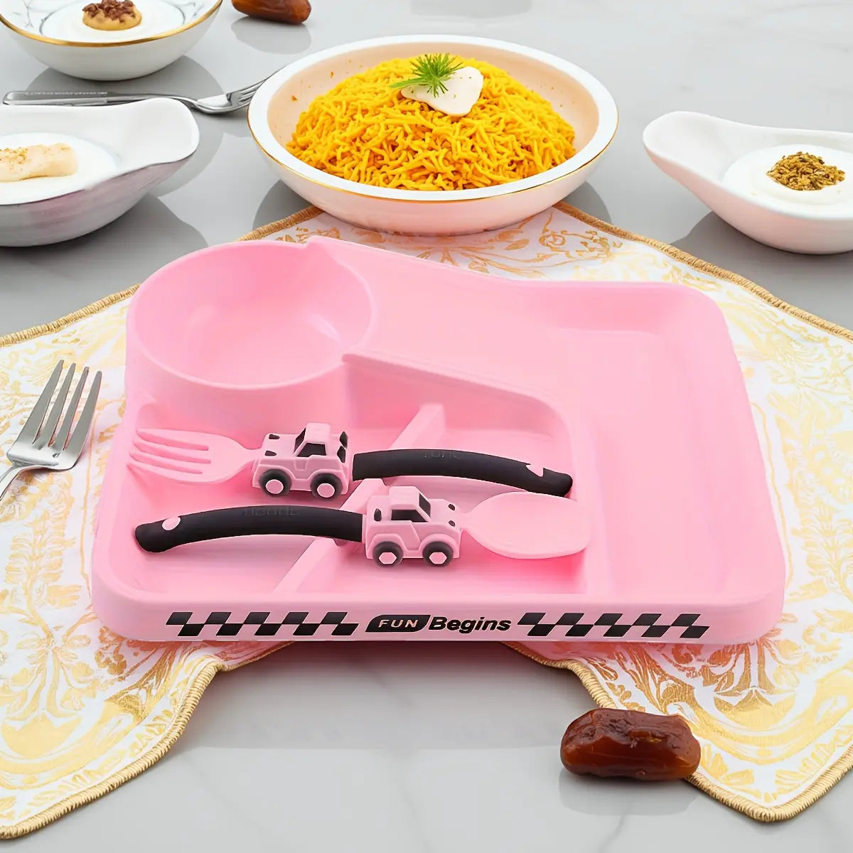 3-Piece Race Car Themed Kids Dinnerware Set - Divided Plate with Bowl and Easy-Grip Fork Spoon for Fun Mealtime