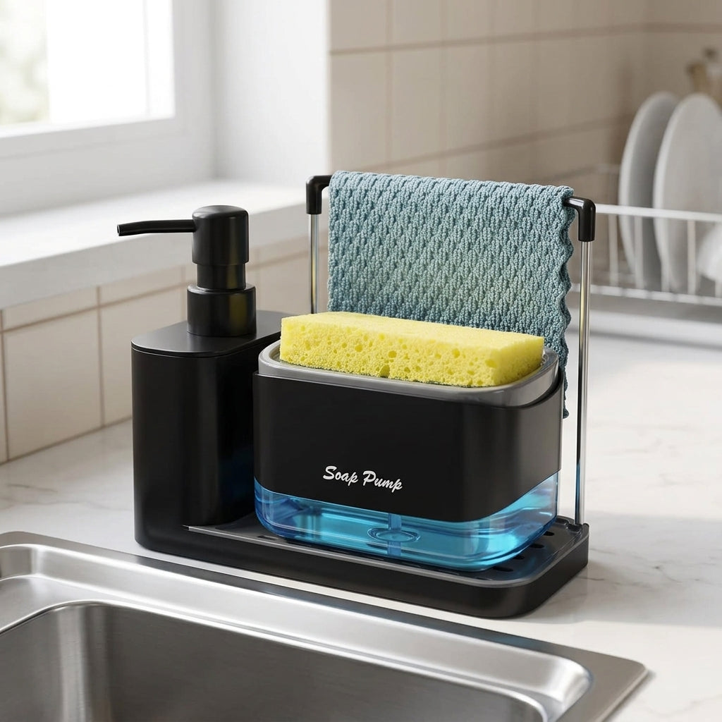 4-in-1 Kitchen Soap Dispenser Set with Tray and Sponge Holder – Black Sink Organizer