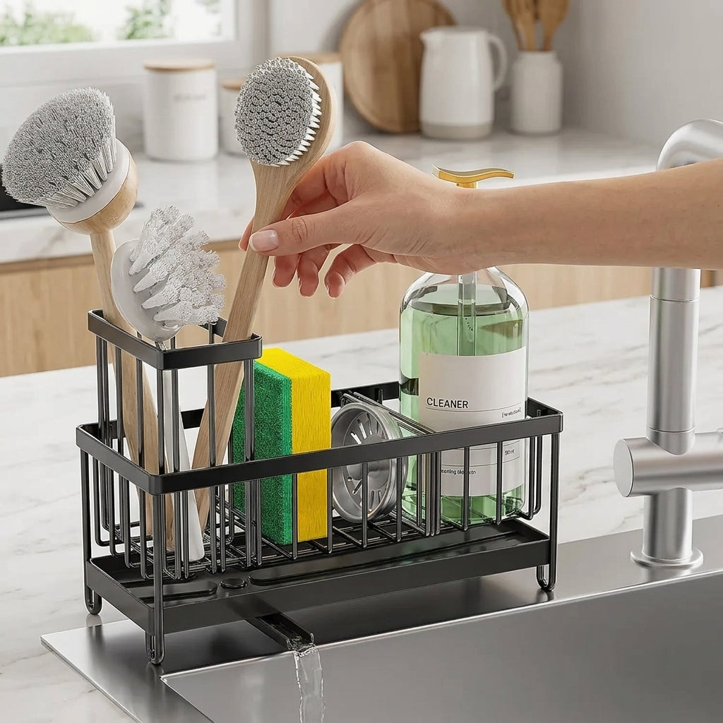 Kitchen Sink Storage Rack with Detachable Brush Holder – Multifunctional Sponge Organizer