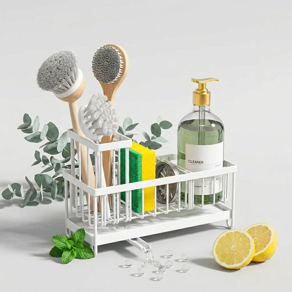 Kitchen Sink Storage Rack with Detachable Brush Holder – Multifunctional Sponge Organizer