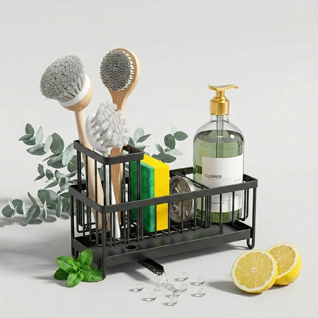 Kitchen Sink Storage Rack with Detachable Brush Holder – Multifunctional Sponge Organizer