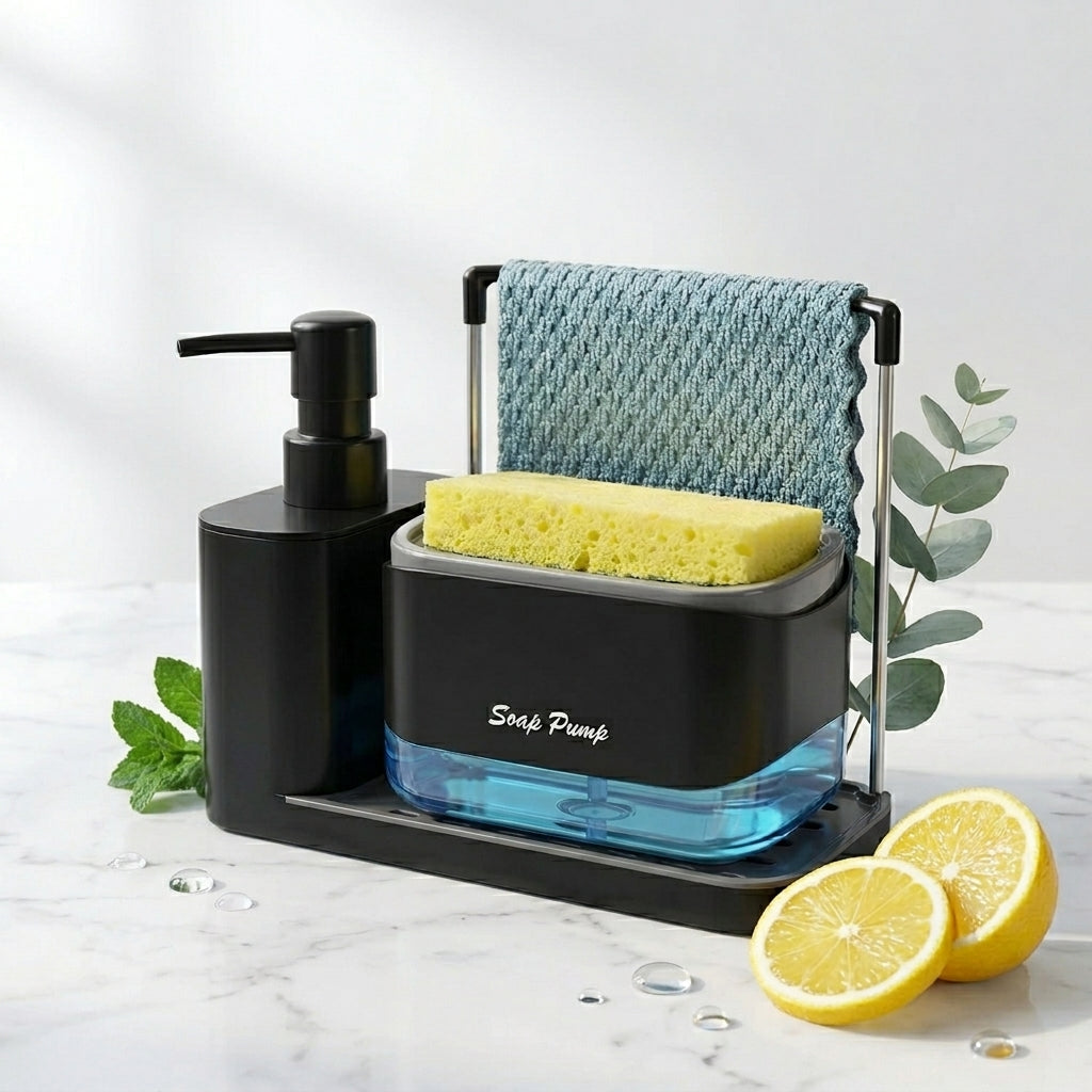 4-in-1 Kitchen Soap Dispenser Set with Tray and Sponge Holder – Black Sink Organizer