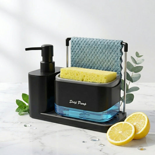 4-in-1 Kitchen Soap Dispenser Set with Tray and Sponge Holder – Black Sink Organizer